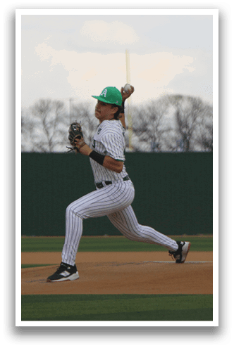 A baseball player in a green hat and white uniform is in the process of throwing a ball. AI generated content