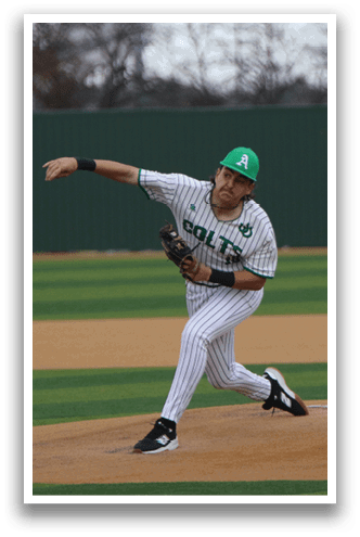 A baseball player in a green cap and white uniform is pitching a ball on a field. AI generated content