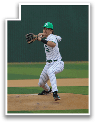 A baseball player in a green hat and white uniform is pitching a ball on a field. AI generated content