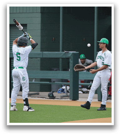 Baseball players on a field, one holding a bat and another holding a baseball glove. AI generated content