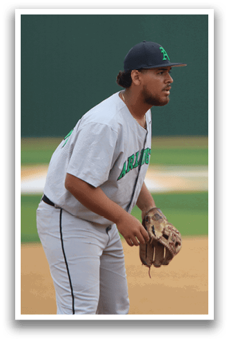 Two baseball players on a field, one holding a baseball glove. AI generated content