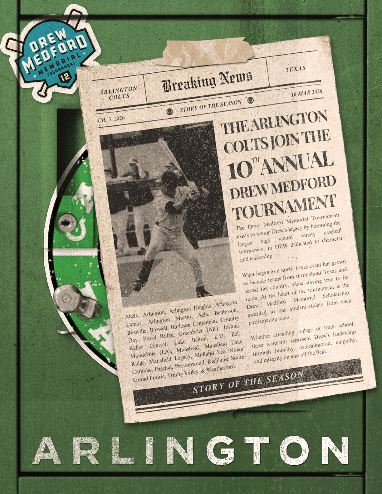 A newspaper clipping about the 10th annual Drew Meadow tournament in Arlington. AI generated content