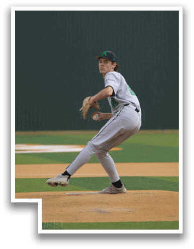 A baseball player in a green and white uniform is pitching a ball on a field. AI generated content