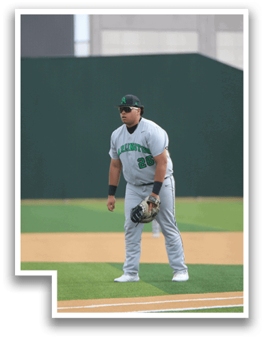 A baseball player in a grey uniform stands on the field, holding a baseball glove. AI generated content