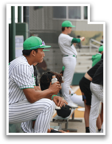 A group of baseball players wearing green and white uniforms are sitting on a bench. AI generated content