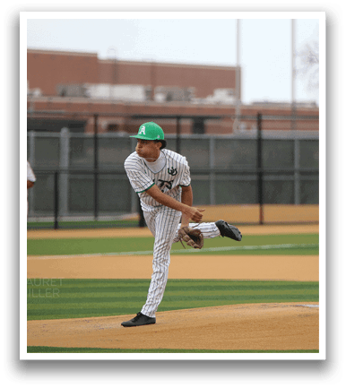 A baseball player in a green hat and striped uniform is in the process of throwing a ball. AI generated content