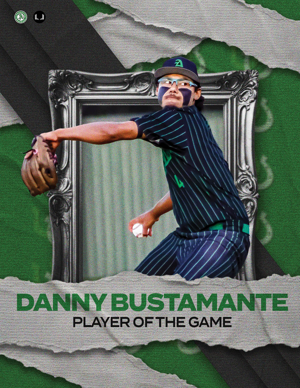 A baseball player wearing a black and white uniform and a green face mask. AI generated content