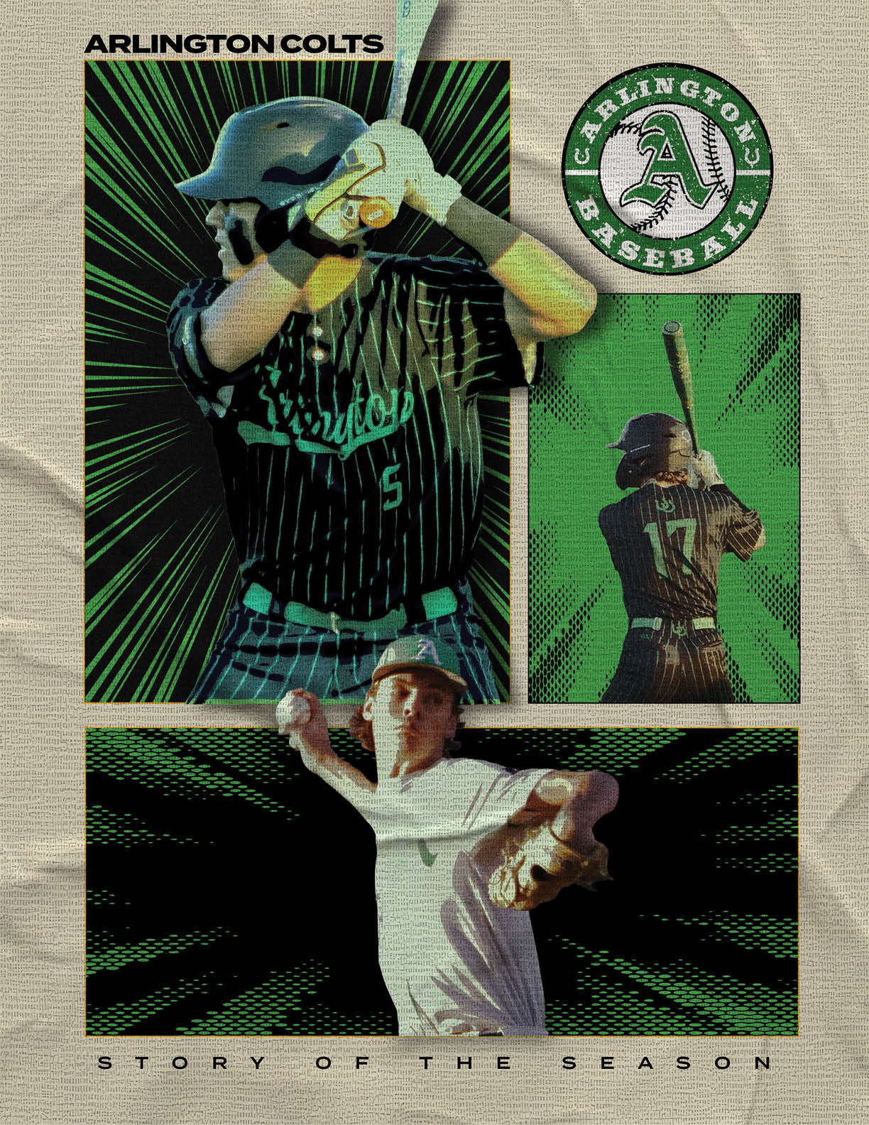A baseball player is shown in three different poses, holding a bat and a baseball glove. The player is wearing a baseball uniform and is the main focus of the image. AI generated content