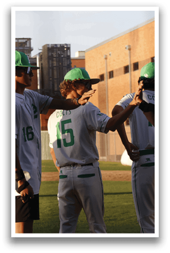 A group of baseball players wearing green hats and white uniforms are standing on a field. AI generated content