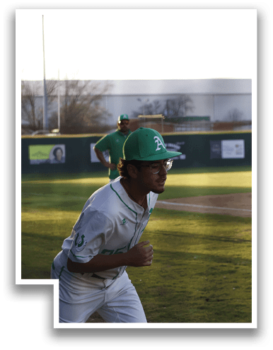A baseball player wearing a green hat and a white uniform is walking on the field. AI generated content