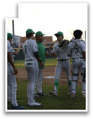 A group of baseball players wearing green and white uniforms are standing on a field. AI generated content