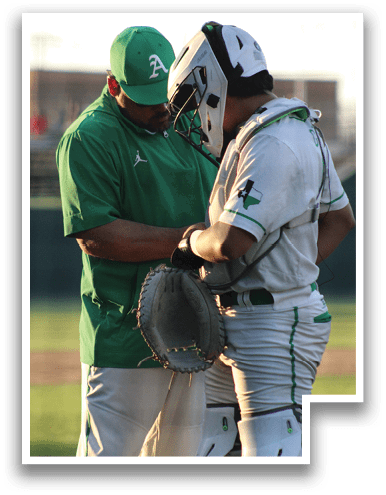 Two baseball players are standing on a field, one of them wearing a catcher's mitt. AI generated content