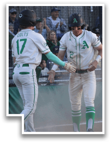 Two baseball players from opposing teams shake hands on the field. AI generated content