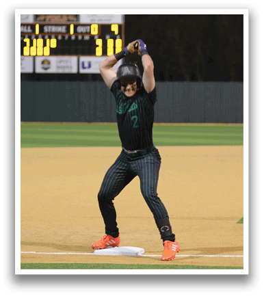 A baseball player in a black and white uniform is swinging a bat on a baseball field. AI generated content