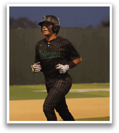 A baseball player wearing a black and green jersey is running on the field. AI generated content