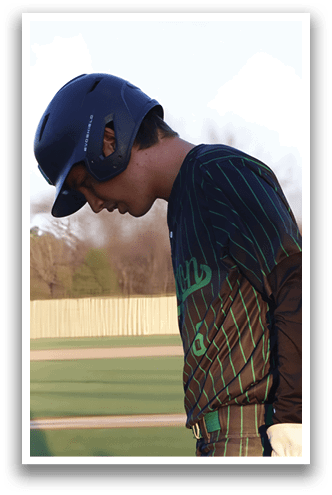 A baseball player wearing a helmet and uniform is standing on a field. AI generated content