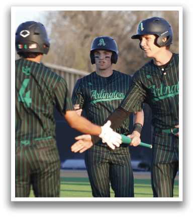 Three baseball players wearing green and black uniforms are standing on a field. They are shaking hands and congratulating each other. AI generated content