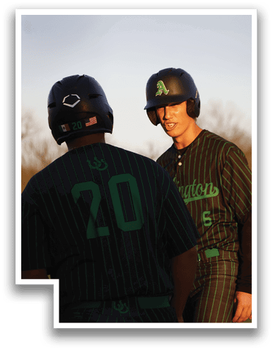 Two baseball players wearing green and black uniforms are standing on a field. AI generated content