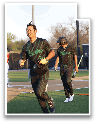 Two baseball players wearing green and black uniforms are running on the field. One player is holding a bat, and the other is holding a baseball glove. AI generated content