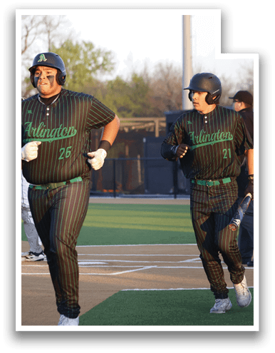 Two baseball players wearing black jerseys and green numbers are running on the field. AI generated content