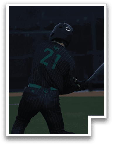 A baseball player in a green and black uniform is swinging a bat at a ball. AI generated content