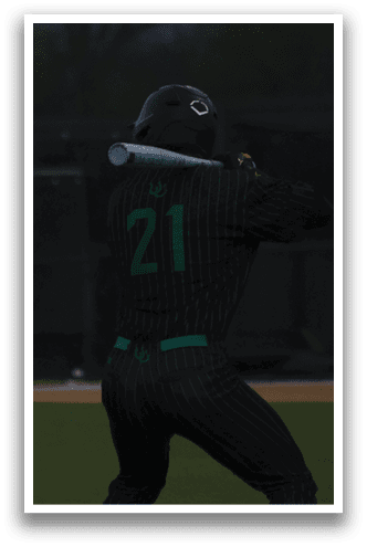 A baseball player is swinging a bat on a field. AI generated content