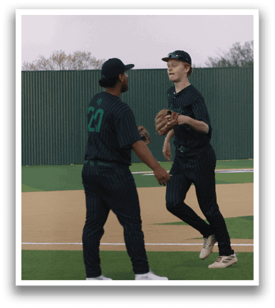 Three baseball players on a field, one of them holding a baseball glove. AI generated content