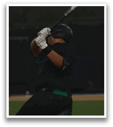 A baseball player in a green and black uniform is swinging a bat on a field. AI generated content