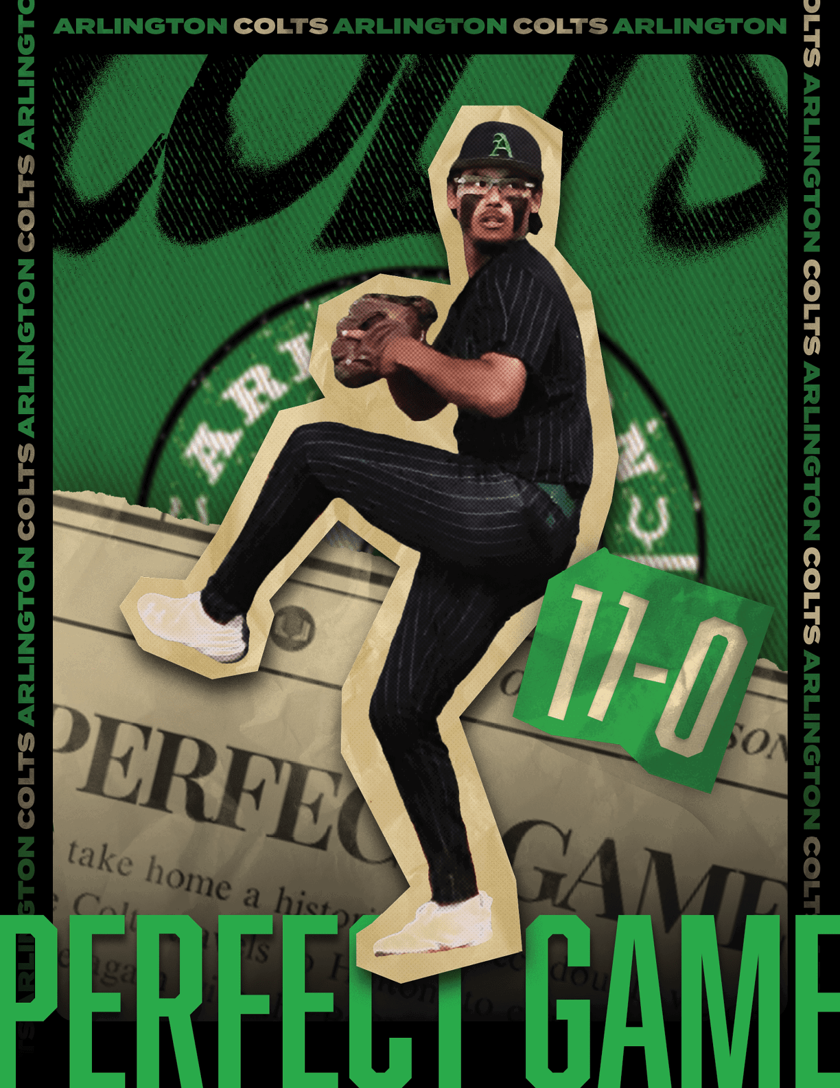 A man wearing a baseball uniform is shown in a green and white poster. AI generated content