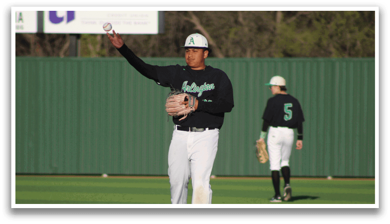 A baseball player wearing a black shirt and white pants is holding a baseball glove and pointing to the sky. AI generated content