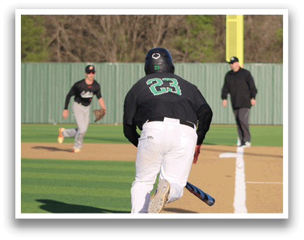 A baseball player is running to first base while the catcher and umpire watch. AI generated content