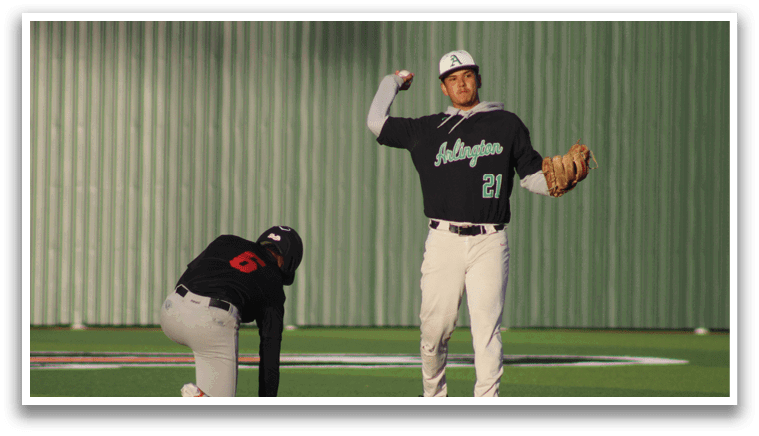 A baseball player is holding a mitt, while another player is kneeling on the ground. AI generated content