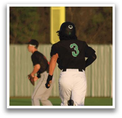 A baseball player in a black jersey is running towards a base while another player watches. AI generated content
