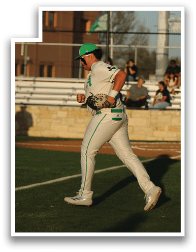A baseball player wearing a green hat and white uniform is running on the field. AI generated content