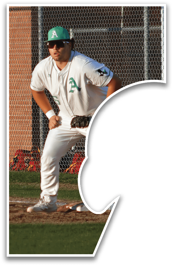 A baseball player wearing a white uniform and a green hat is standing on a base. AI generated content