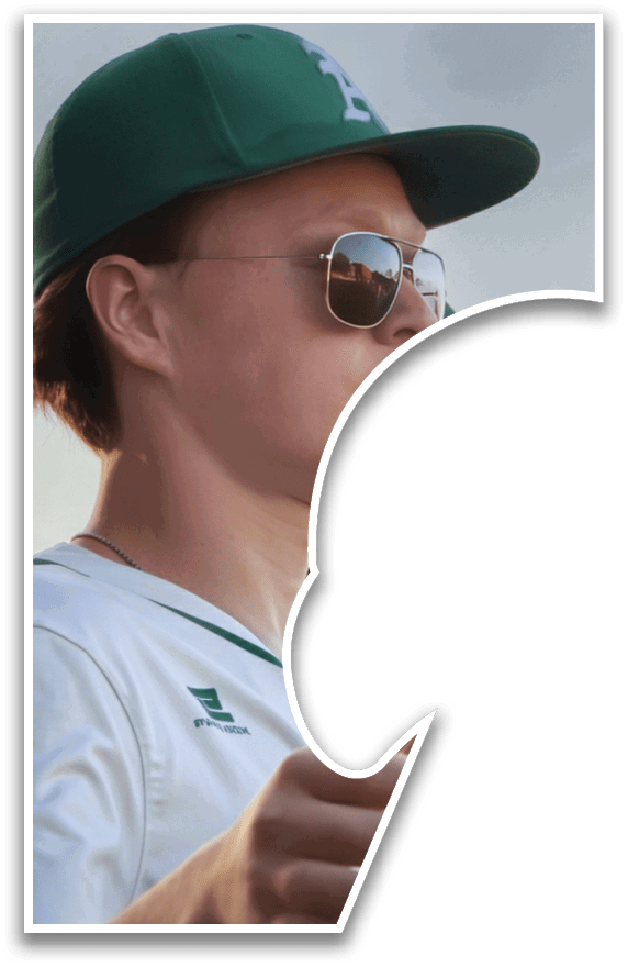 A man wearing a green hat and sunglasses is standing next to another man. AI generated content