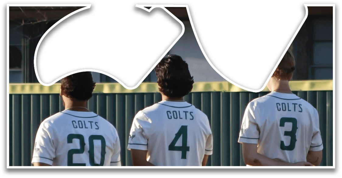Three baseball players wearing white uniforms and green numbers stand on a field. AI generated content