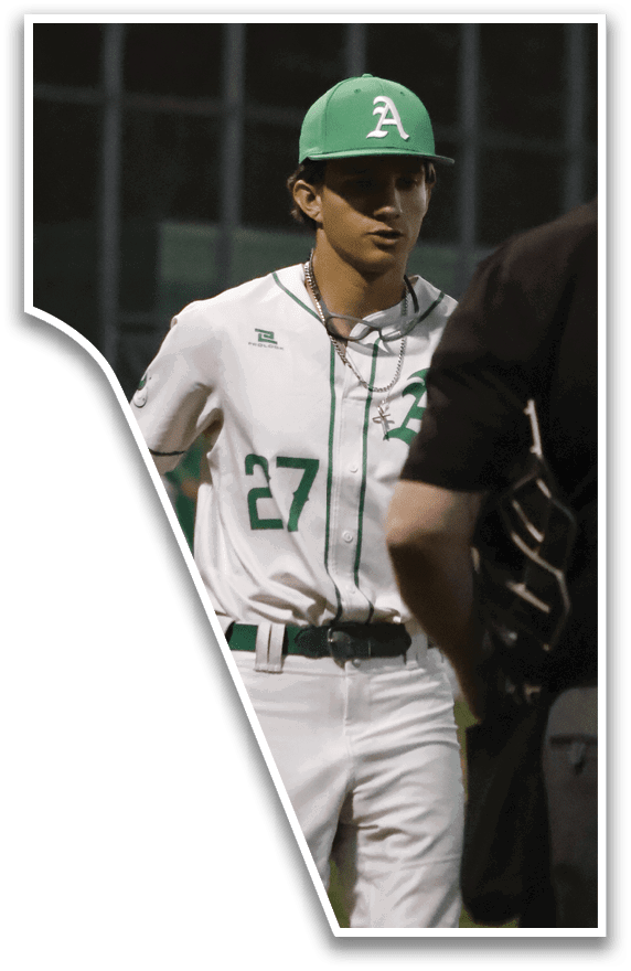 A baseball player wearing a green and white uniform stands on a field talking to an umpire. AI generated content