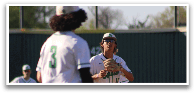 Two baseball players are on the field, one holding a mitt and the other wearing a green shirt. AI generated content