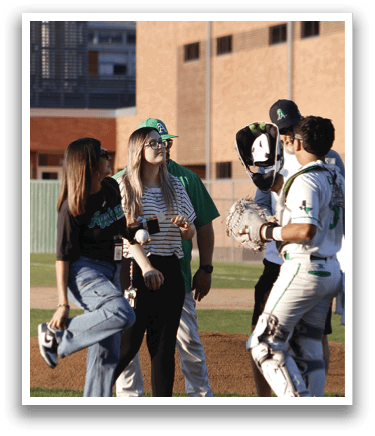 A group of people are standing on a baseball field, engaged in conversation. One person is holding a baseball glove. AI generated content