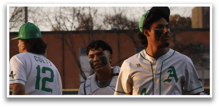 Three baseball players wearing white uniforms and green hats are walking on a field. AI generated content
