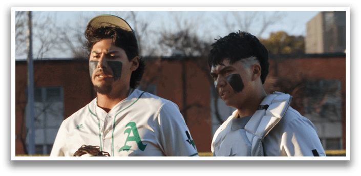 Two baseball players wearing white uniforms and holding baseball gloves. AI generated content