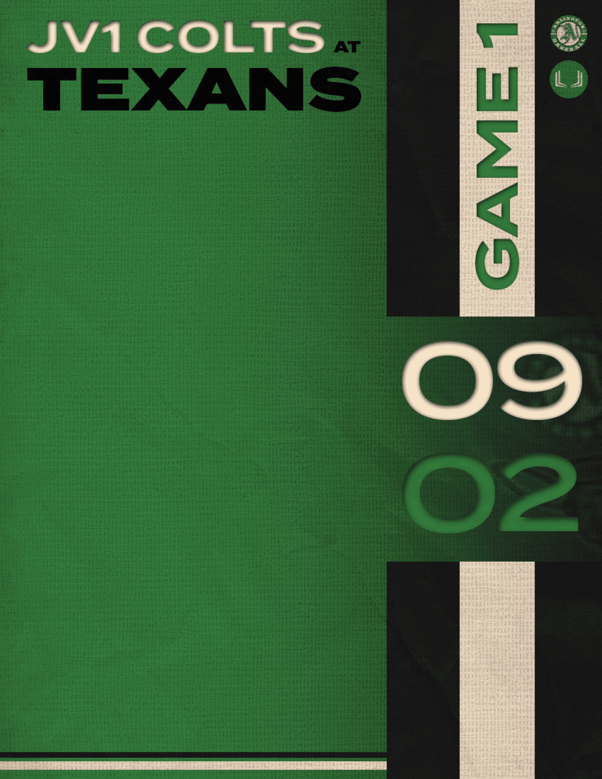 A green and white sign that says JV Colts at Texans. AI generated content
