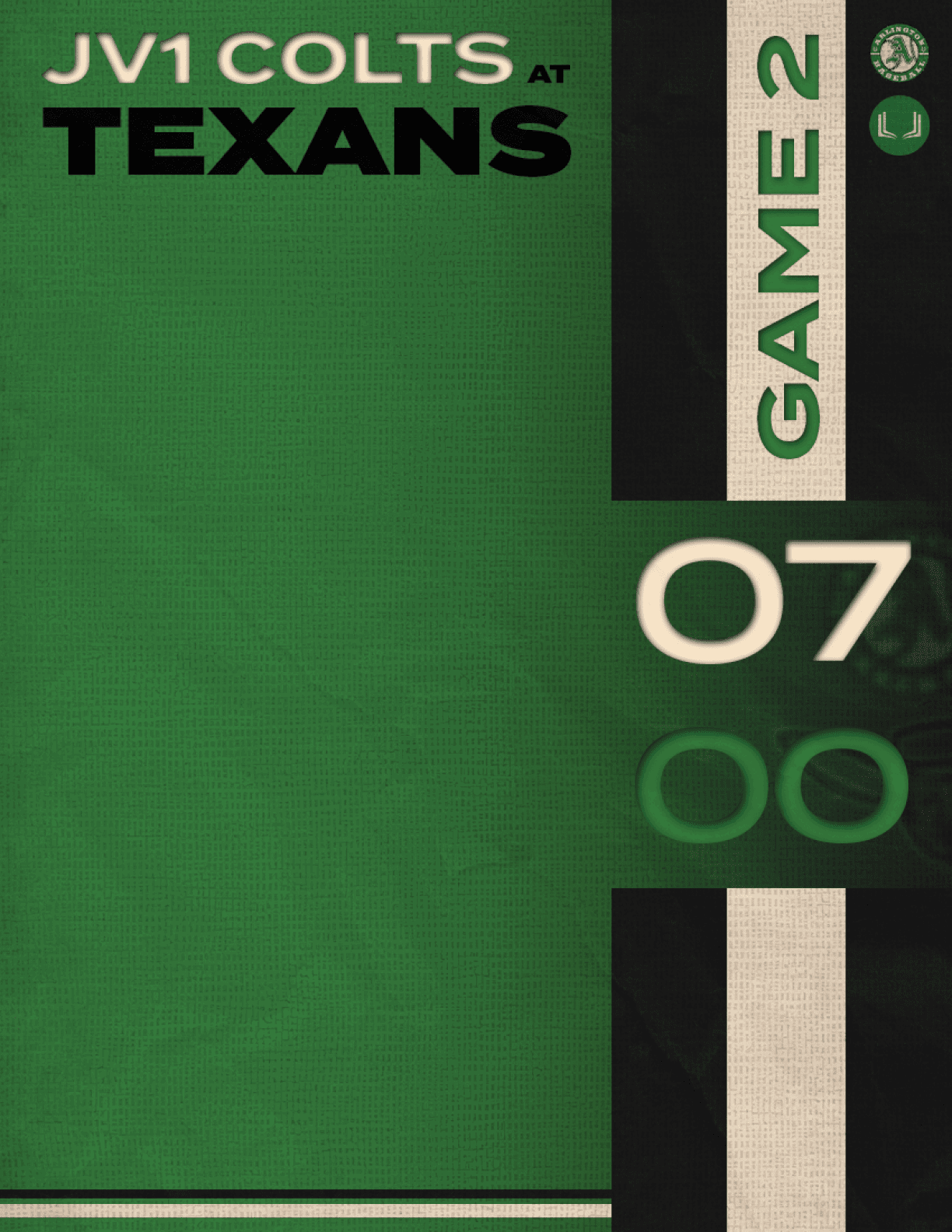A green and white sign that says JV Colts at Texans. AI generated content