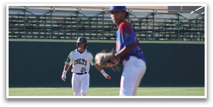 Two baseball players on a field, one wearing a blue shirt and the other wearing a green shirt. The player in the blue shirt is holding a baseball glove. AI generated content