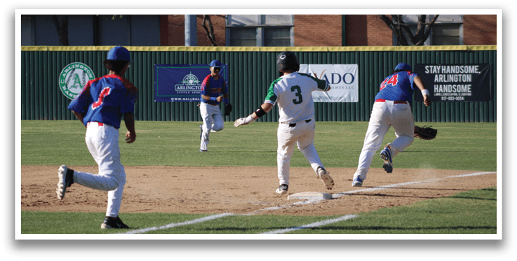 Three baseball players are running on a field. One player is wearing a blue and red uniform, another is wearing a green and white uniform, and the third player is wearing a blue uniform. They are all running towards a base. AI generated content