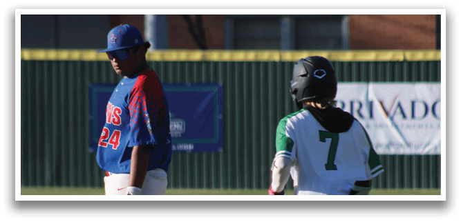 Two baseball players on a field, one wearing a blue and red jersey and the other wearing a green jersey. AI generated content