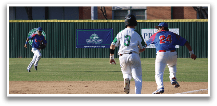 Two baseball players are running on the field, one wearing a green shirt and the other wearing a red shirt. AI generated content
