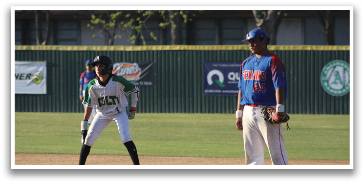 Two baseball players are on the field, one wearing a blue and red uniform and the other wearing a green and white uniform. They are both holding baseball gloves, preparing to catch the ball. AI generated content