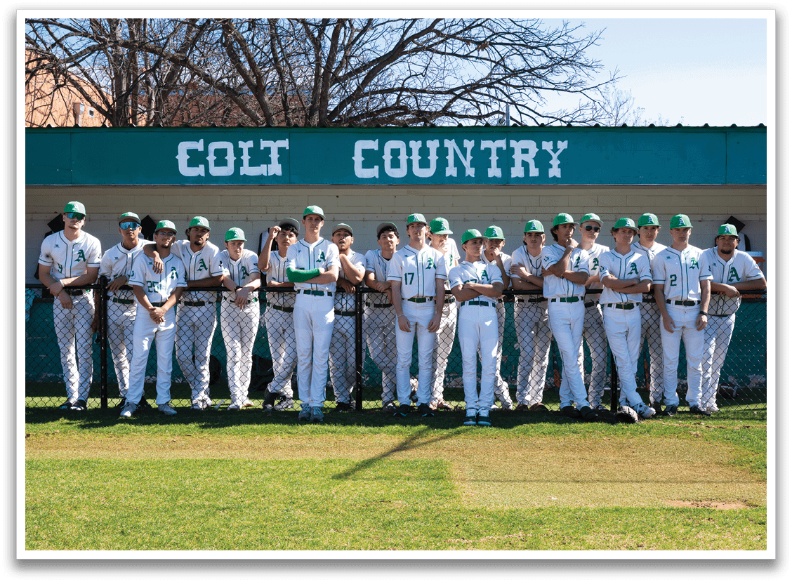 Baseball team posing for a photo in front of a blue sign. AI generated content